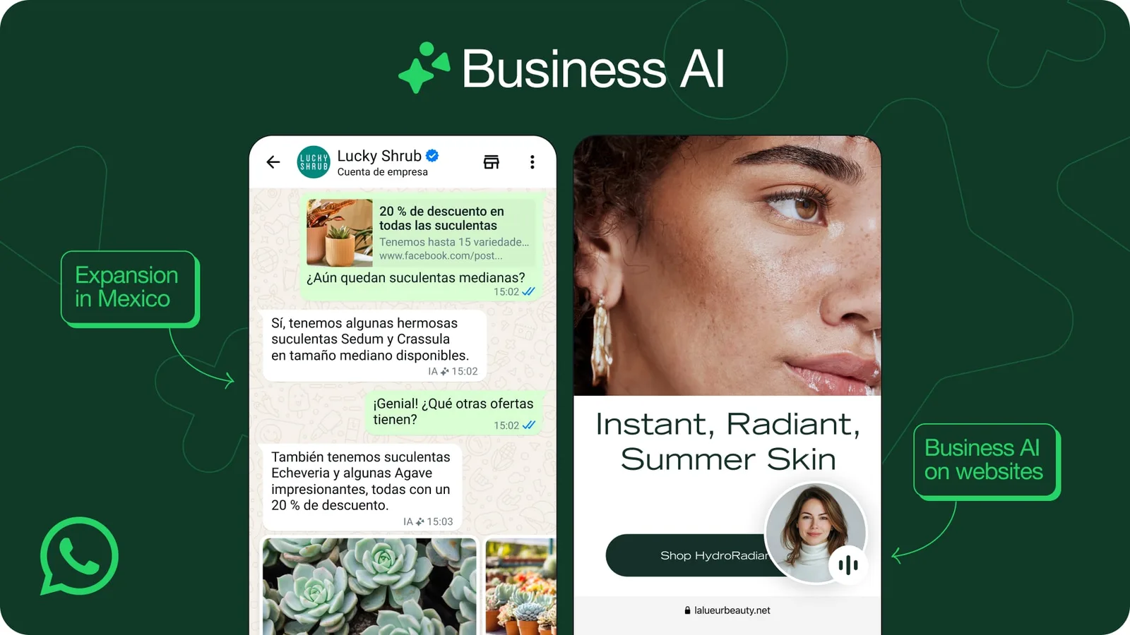 Telas do WhatsApp mostrando o Business AI, o atendente de IA da Meta, respondendo clientes de uma loja