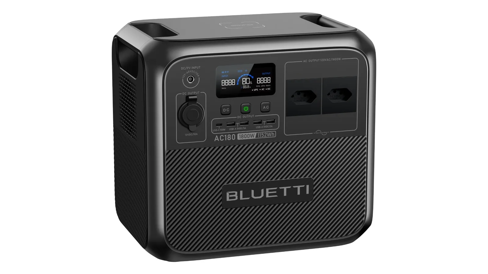 Estação de energia BLUETTI AC180 preta vista em ângulo, com visor, saídas e duas tomadas no painel frontal