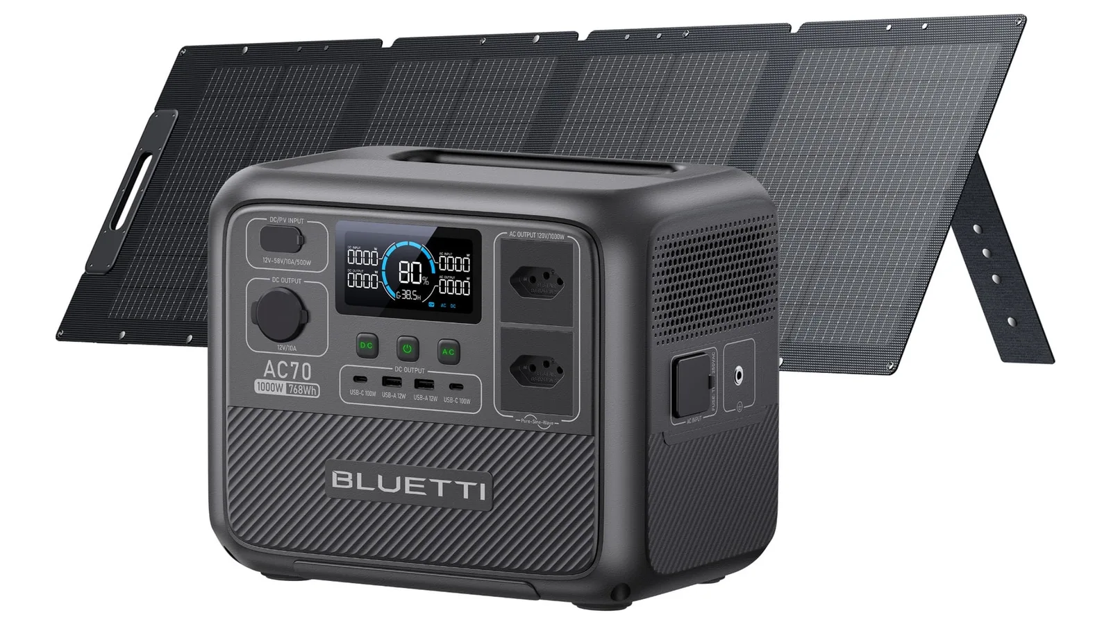 Estação de energia BLUETTI AC70 cinza vista de lado, com painel solar dobrável aberto atrás dela