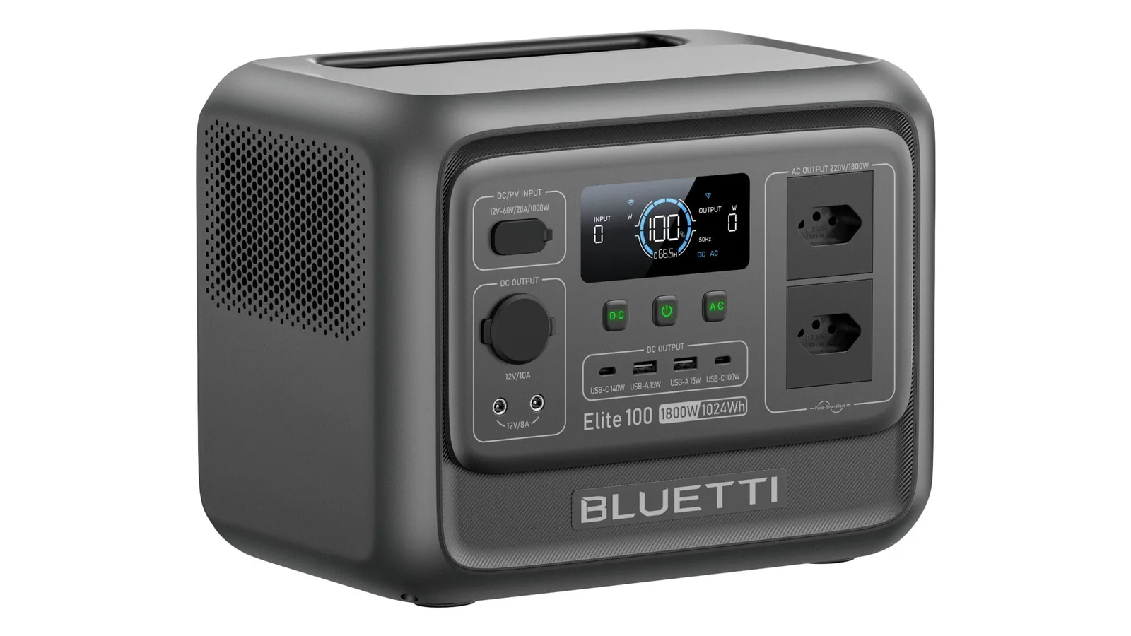 Estação de energia BLUETTI Elite 100 V2 cinza vista em ângulo, com visor colorido, botões e duas tomadas brasileiras