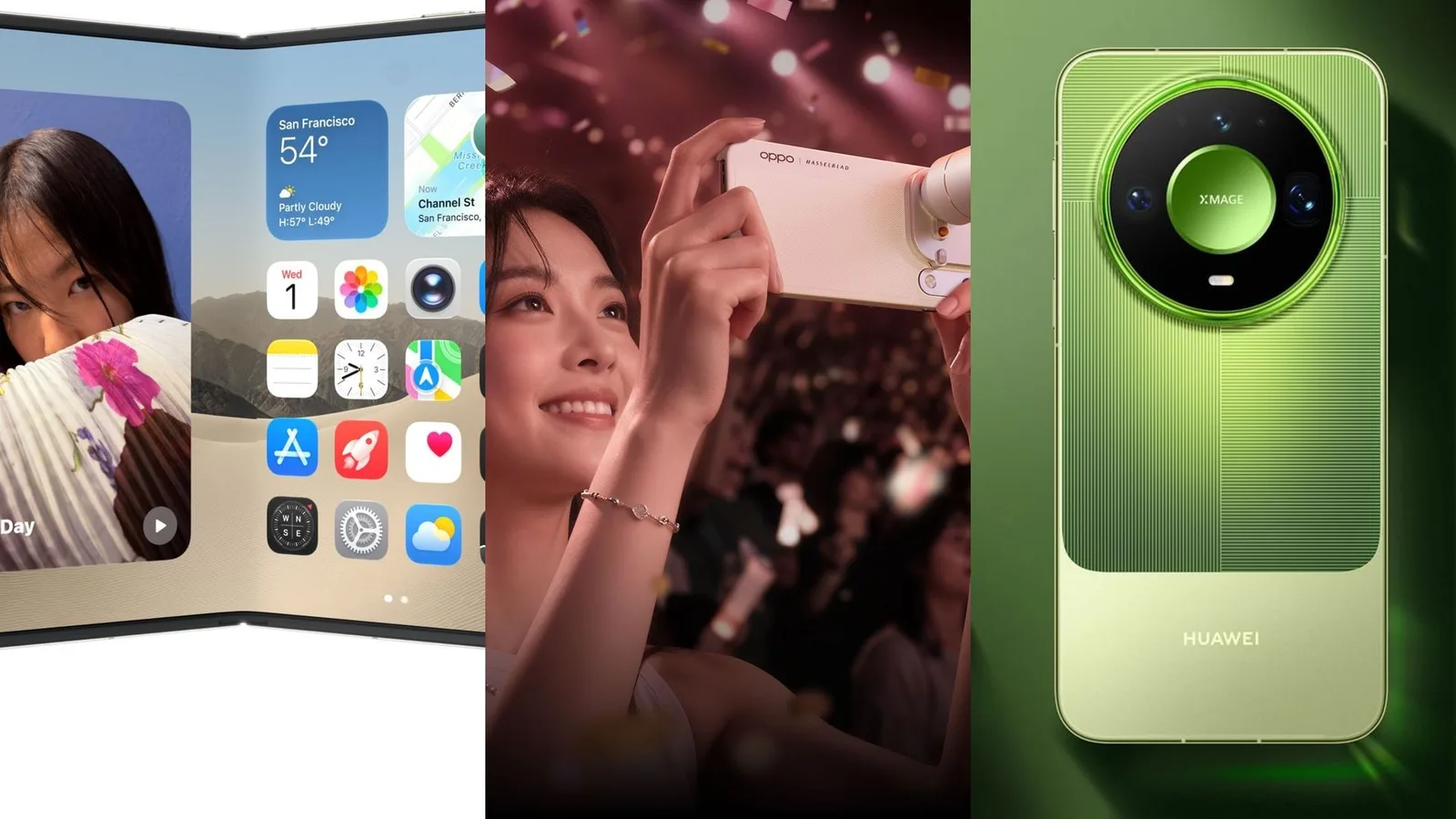 Três celulares lado a lado: o iPhone Duo aberto, o OPPO Find X10 Pro Max com lente extra e a traseira verde do Huawei Mate 90 Pro Max