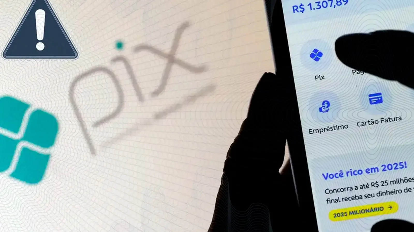 Celular com o aplicativo do banco aberto na área do Pix, ao lado de um sinal de alerta