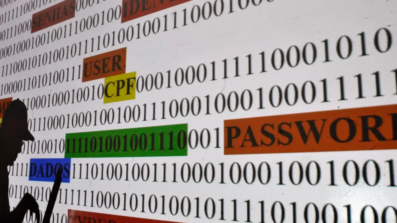 Palavras como usuário, CPF, senha e dados destacadas sobre código binário, representando dados pessoais