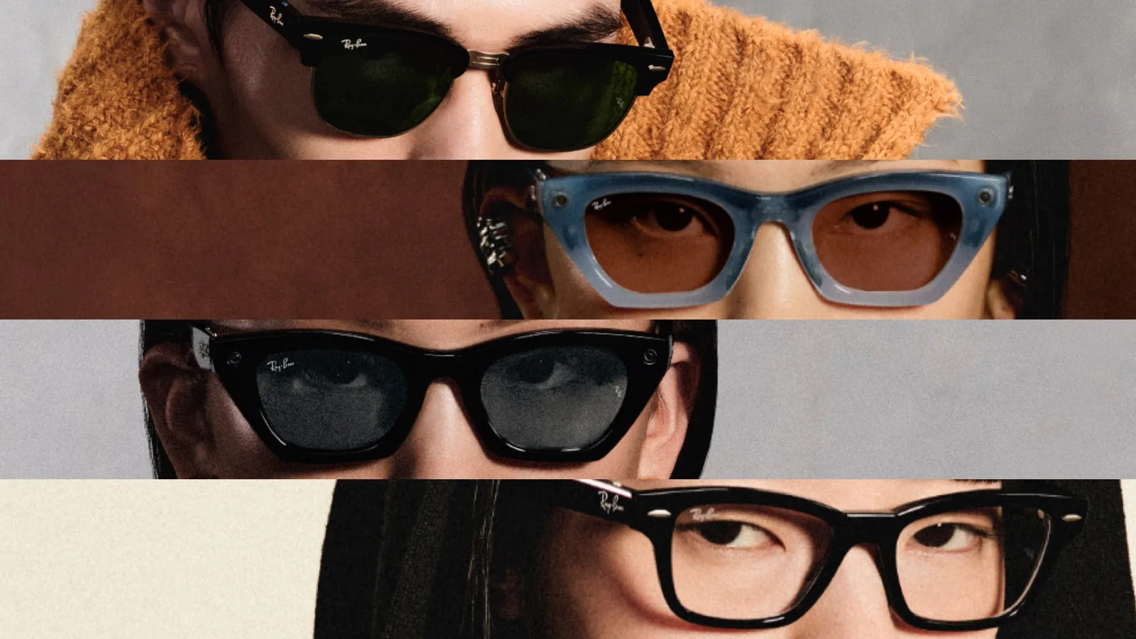 Quatro modelos de óculos Ray-Ban Meta, de sol e de grau, usados por pessoas em recortes lado a lado