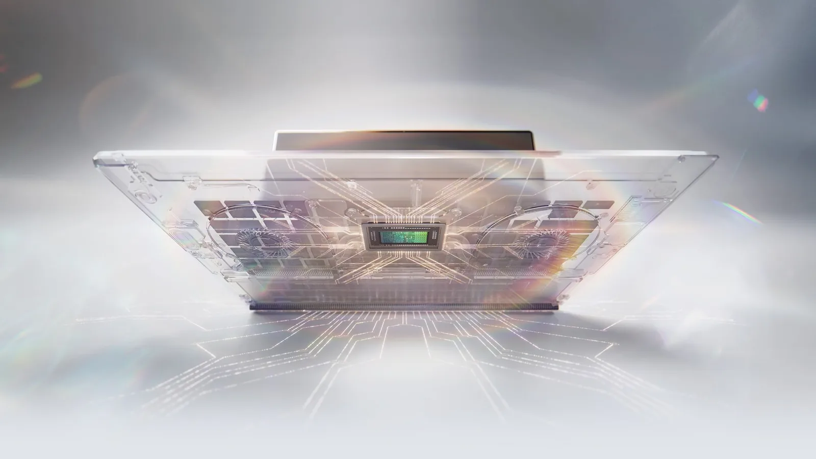 Ilustração do NVIDIA RTX Spark: chip no centro de um notebook transparente, com as ventoinhas ao lado