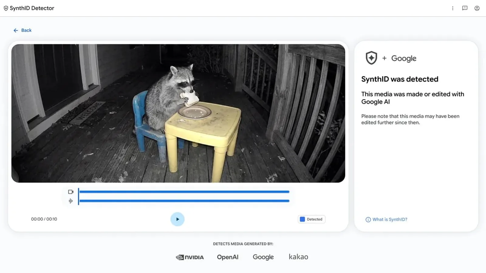 Tela do SynthID Detector mostrando um vídeo analisado e o aviso de que a marca d'água foi detectada