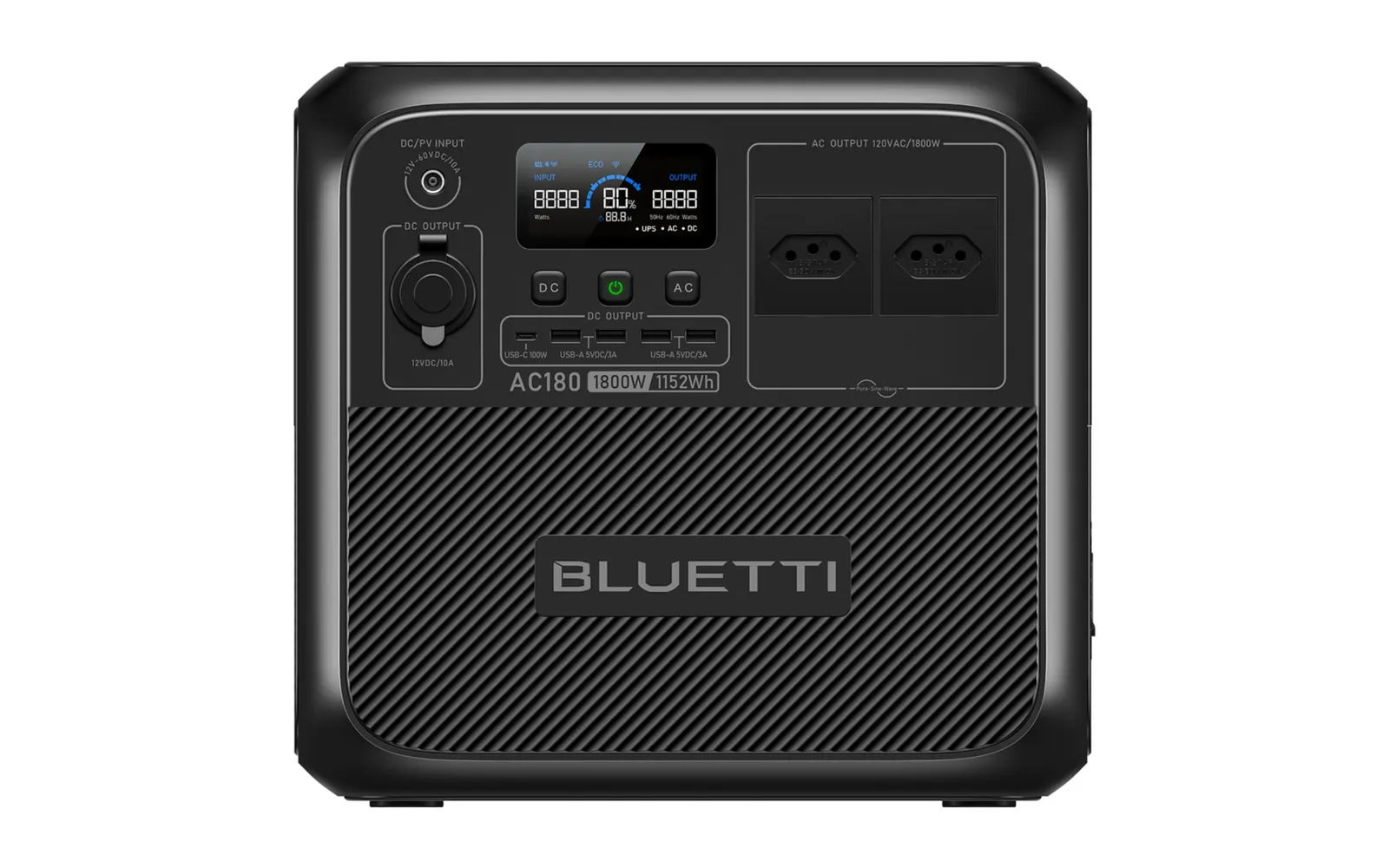 Painel frontal da BLUETTI AC180 com visor, botões, saídas USB e duas tomadas no padrão brasileiro