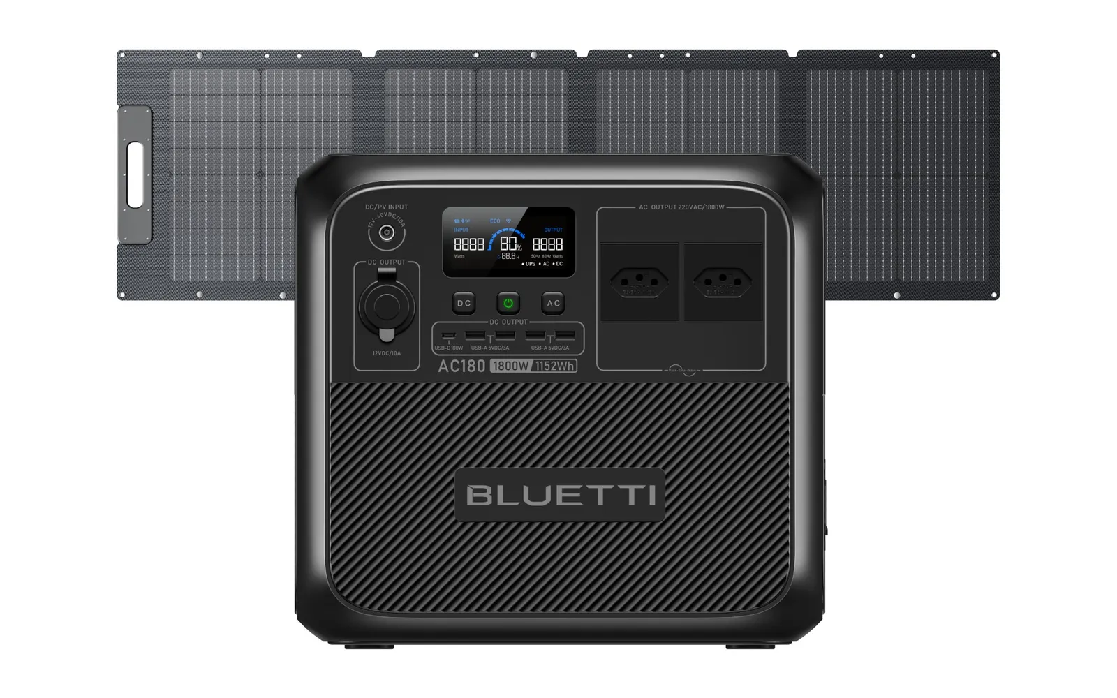BLUETTI AC180 de frente com um painel solar dobrável aberto atrás