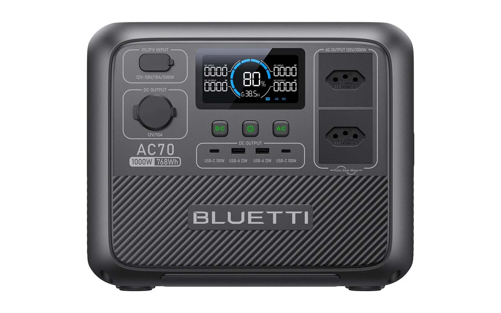 Painel frontal da BLUETTI AC70 com visor, botões, saídas USB e duas tomadas no padrão brasileiro