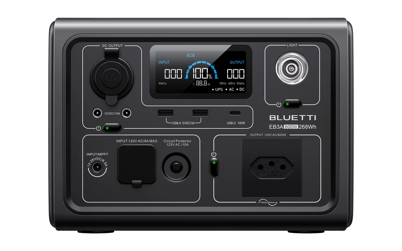 Painel frontal da BLUETTI EB3A com visor, tomada de 12 V, saídas USB, entradas de recarga e uma tomada no padrão brasileiro