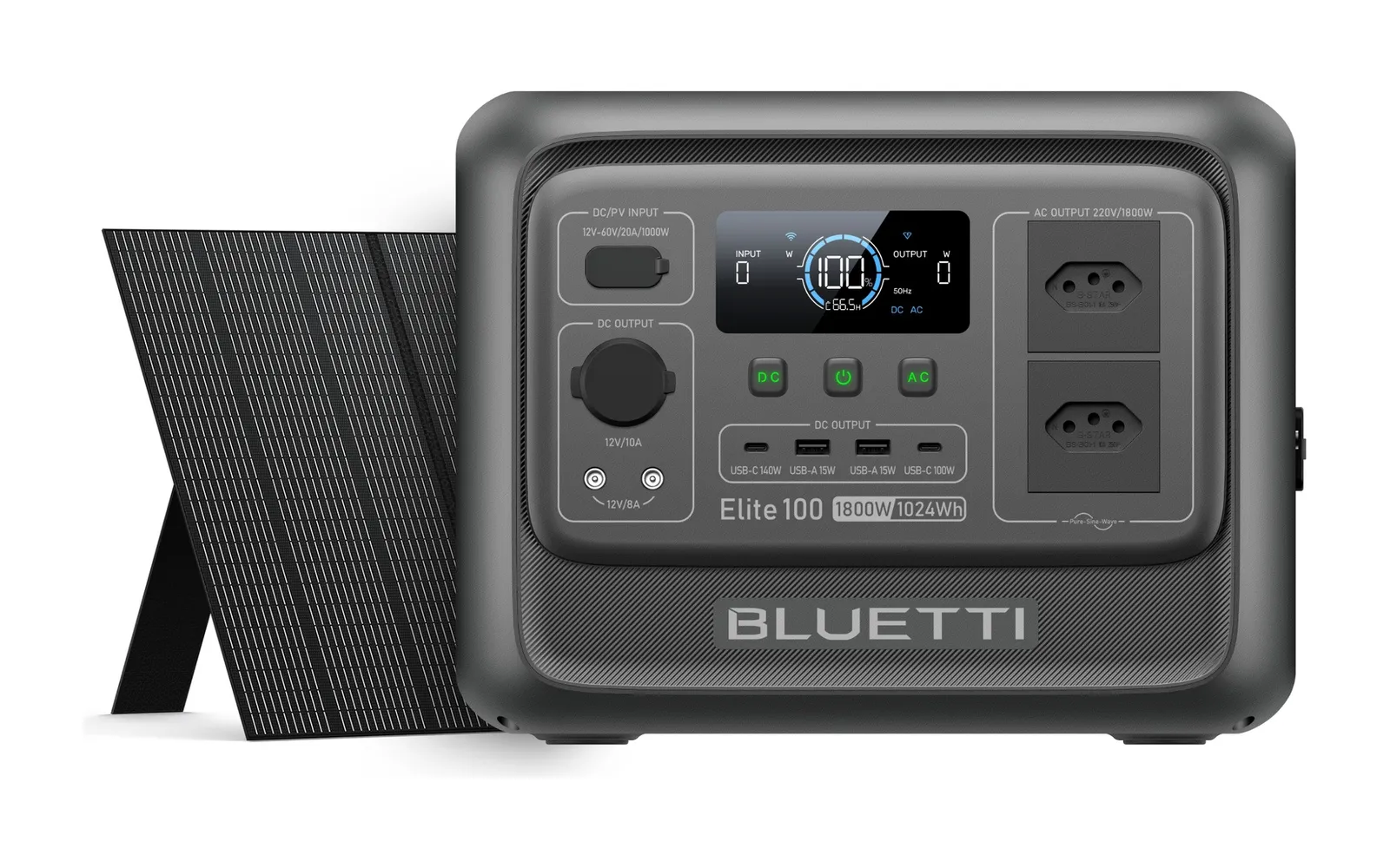 Estação BLUETTI Elite 100 V2 com um painel solar dobrável apoiado ao lado