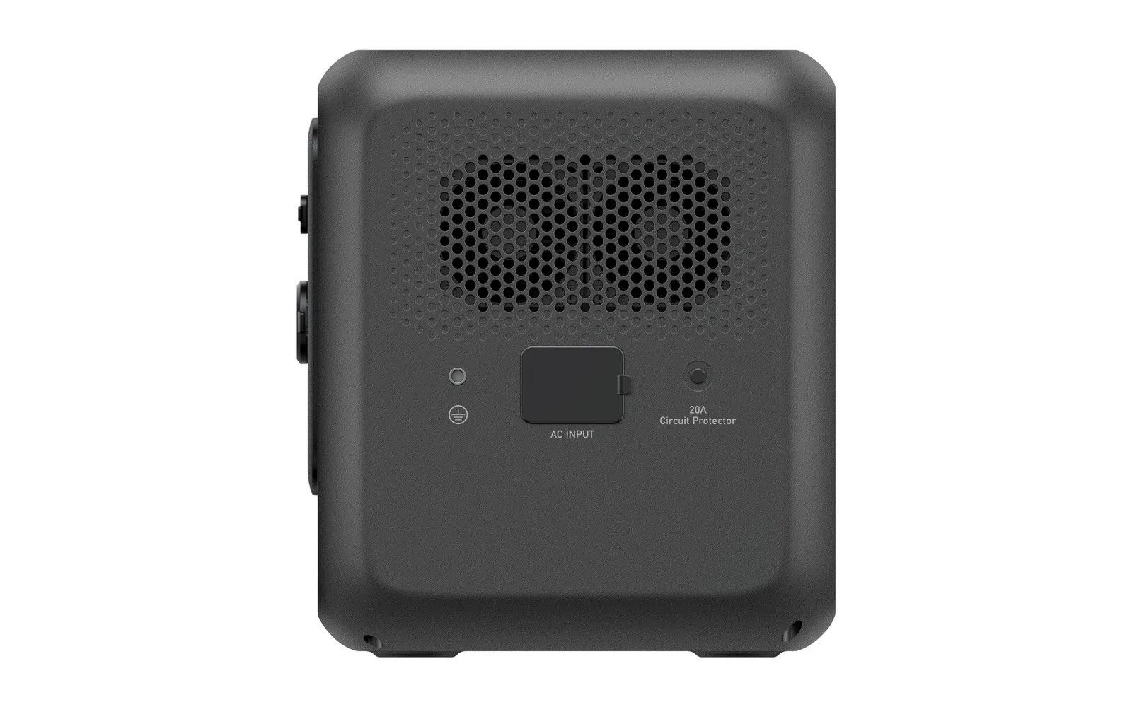Traseira da BLUETTI Elite 100 V2 com grade de ventilação e entrada de recarga
