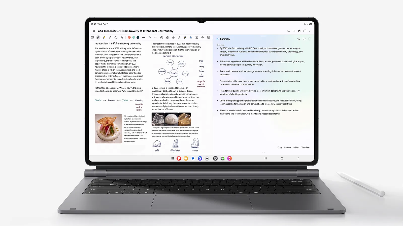 Galaxy Tab S12 com capa teclado, mostrando anotações e um resumo feito por IA