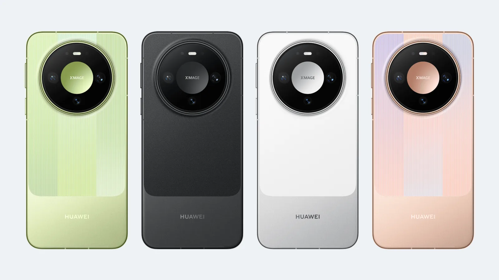 Quatro Huawei Mate 90 vistos de trás, nas cores verde, preta, branca e rosa