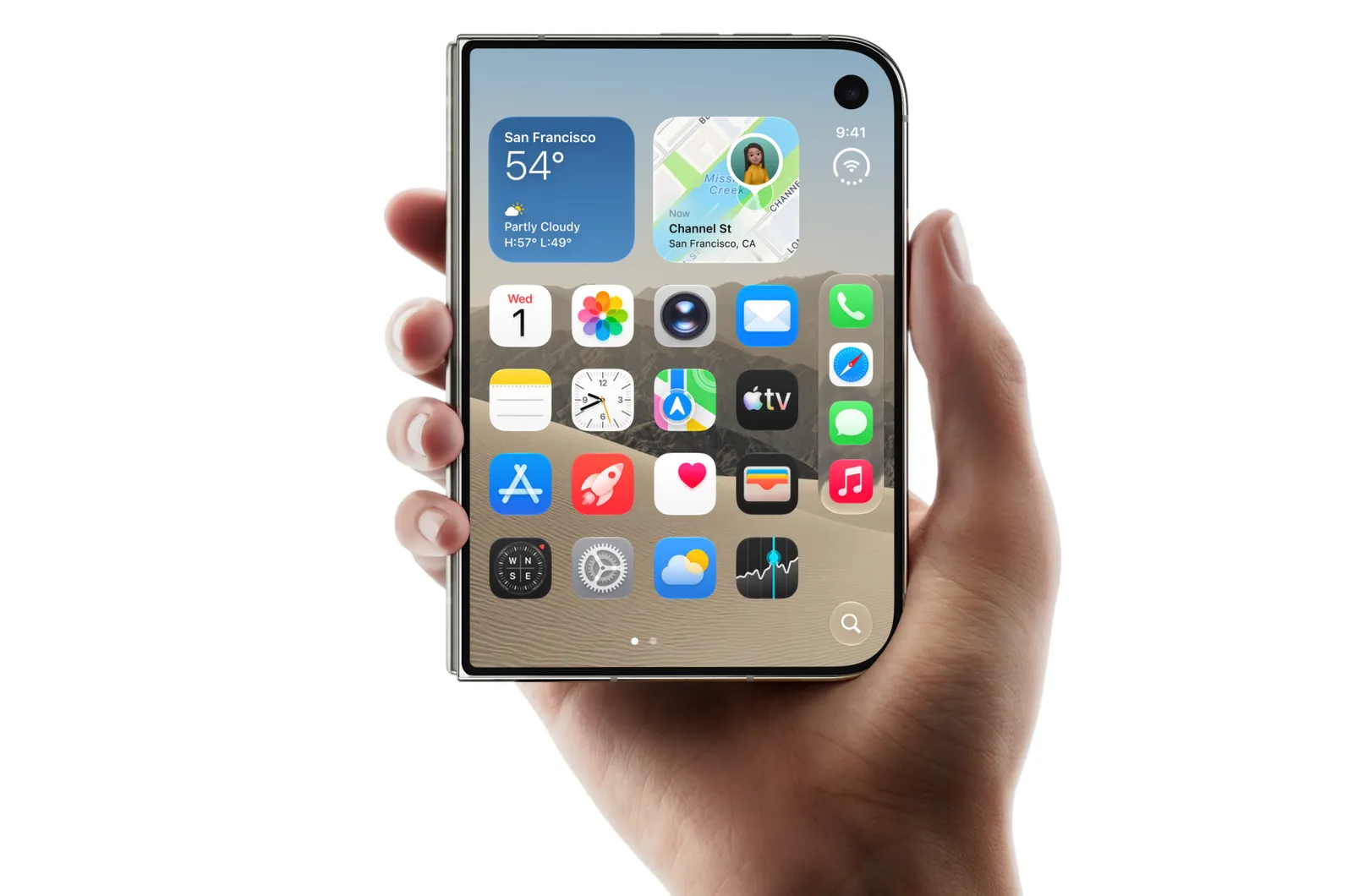 Mão segurando o iPhone Duo fechado, usando a tela externa com widgets e aplicativos