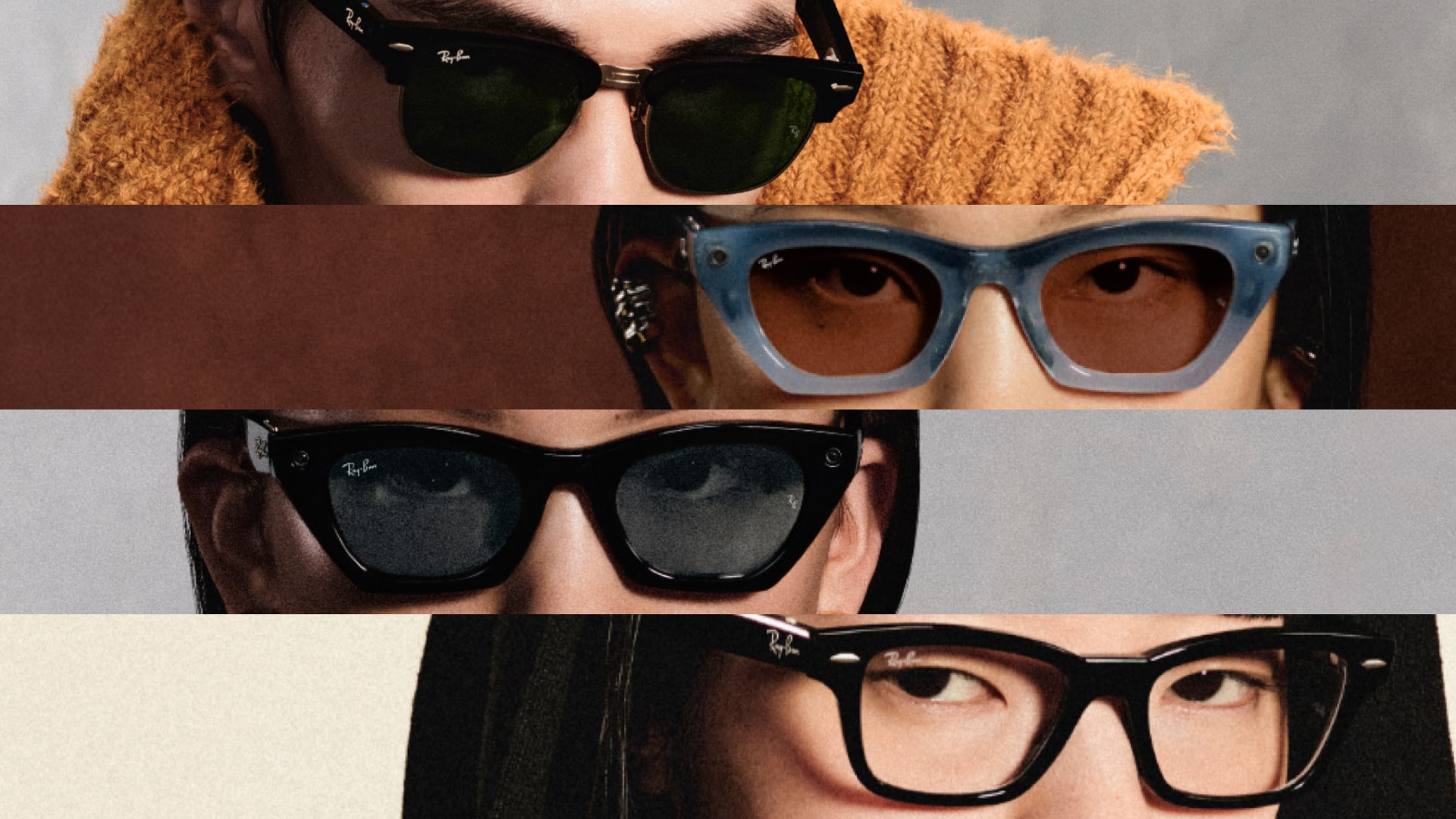 Quatro modelos de óculos Ray-Ban Meta, de sol e de grau