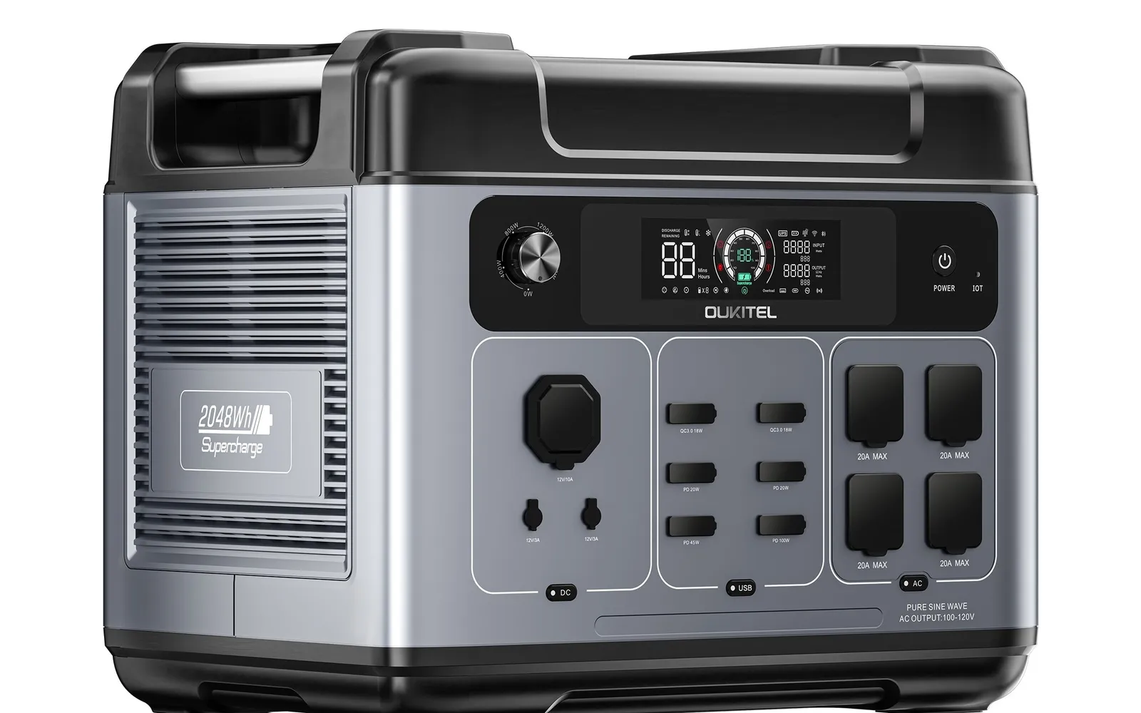 Estação de energia OUKITEL P2001 Plus vista de lado, com a grade de ventilação e a inscrição 2048Wh Supercharge