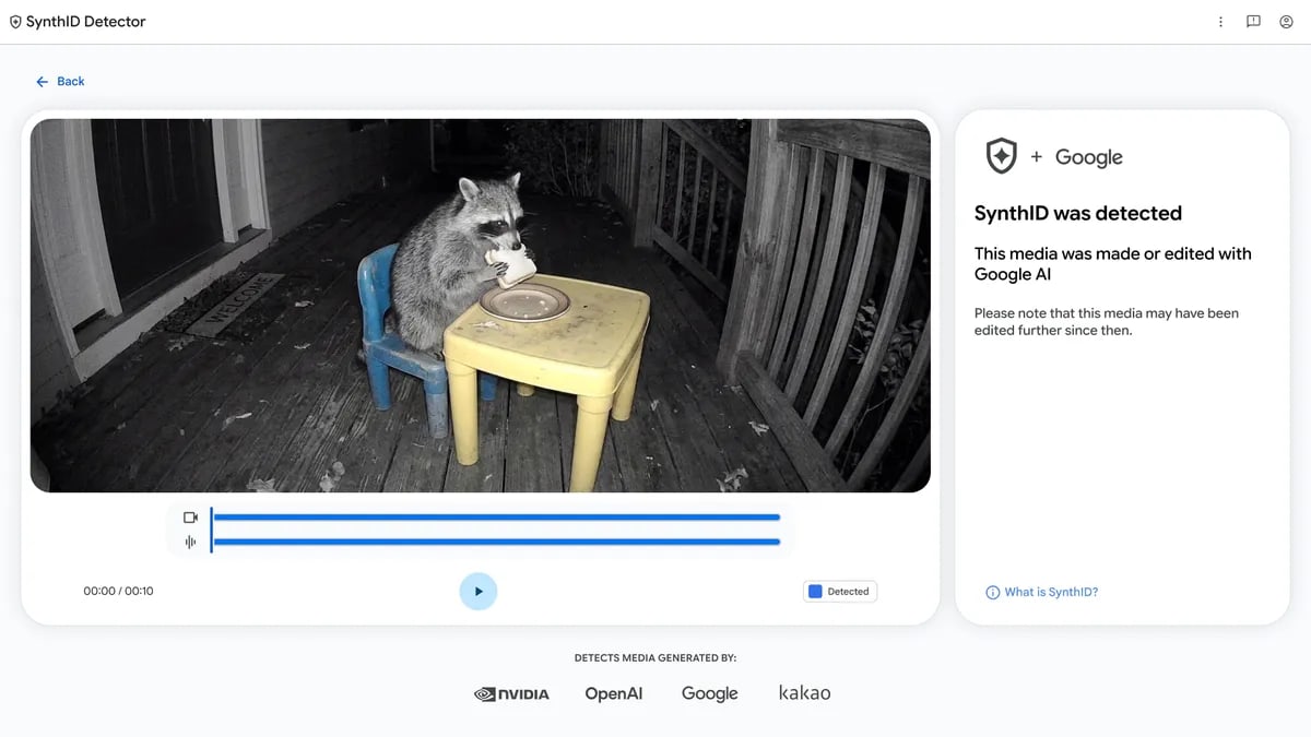 Tela do SynthID Detector analisando um vídeo e exibindo o resultado "SynthID was detected"